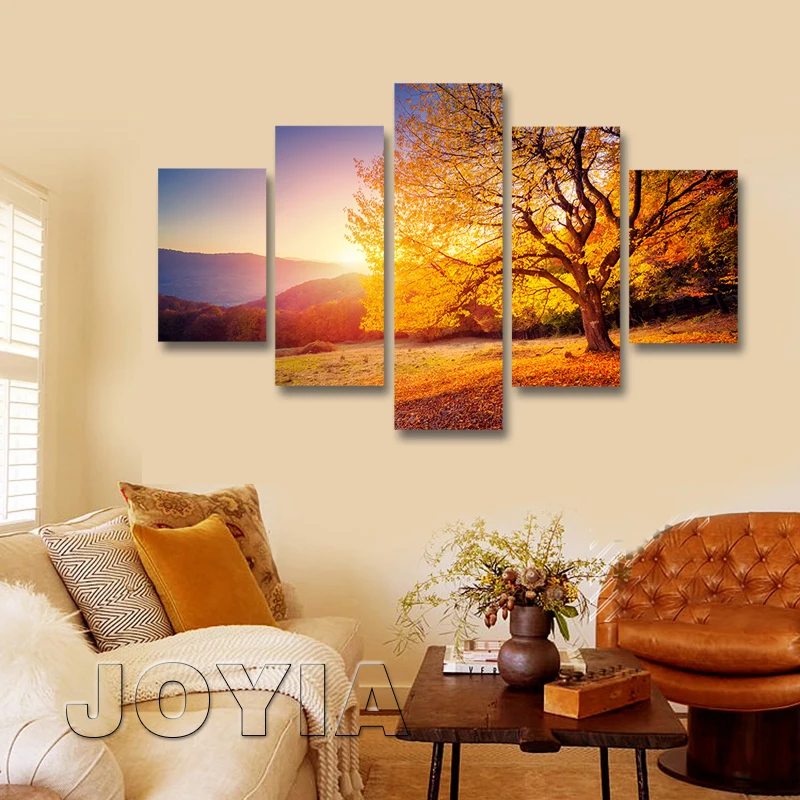 5 Pieces Yellow Tree Canvas Print Landscape Wall Painting Autumn Sunshine Art Pictures For Living Room Home Decors No Frame | Дом и сад