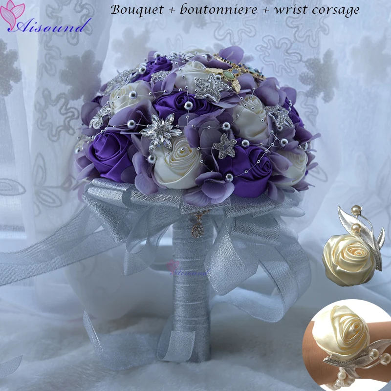 

21cm Blue Wedding Flowers Bouquets Set Fleur Bleu Roi Bridal Brooch Bouquet Crystal Bouquet De Mariage AD557B