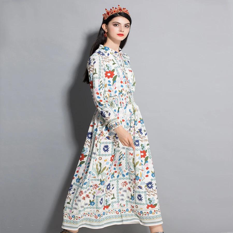 Женское платье с цветочным принтом SEQINYY подиумное эластичной талией и длинным