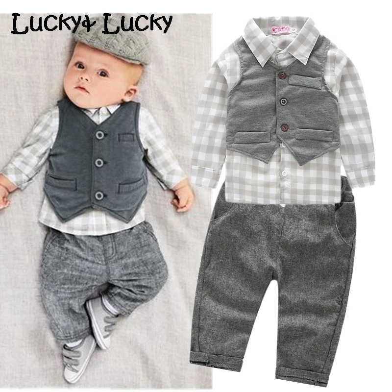 Новинка одежда для маленьких мальчиков клетчатая рубашка с жилетом Одежда