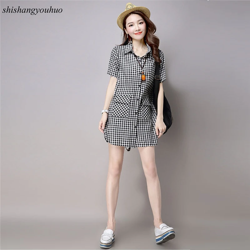 2017 New Summer Autumn Women Long Shirts Loose Large Size Cotton Plaid Shirt Lady Fashion Casual Short Sleeve Wild Simple |