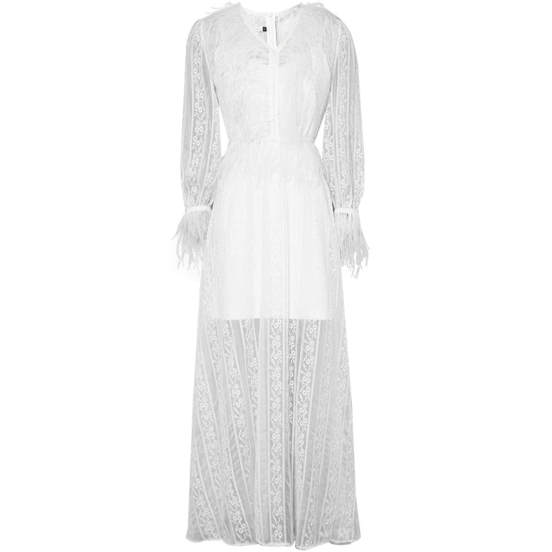 Для женщин белое свободное кружевное платье с v-образным вырезом Высокая талия