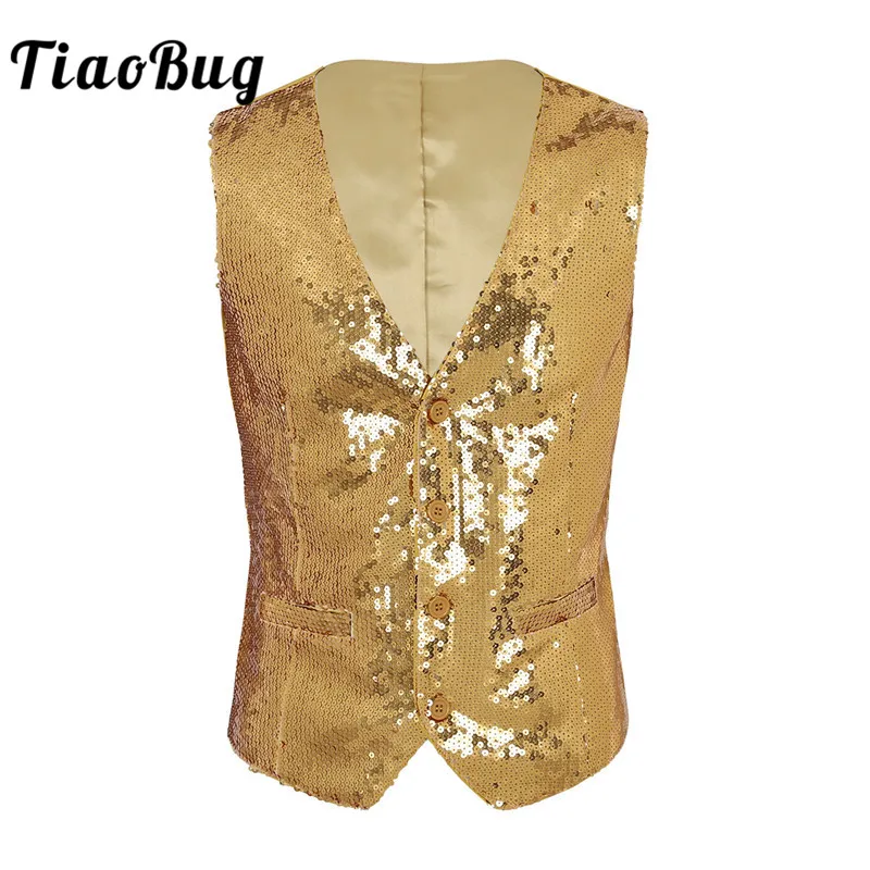 Блестящий костюм TiaoBug с блестками жилет без рукавов на пуговицах приталенная