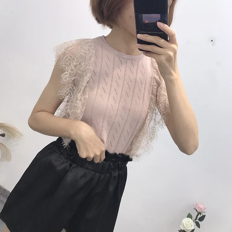 Женский летний топ с кружевом декорированный ледяным шелковистым блестящим