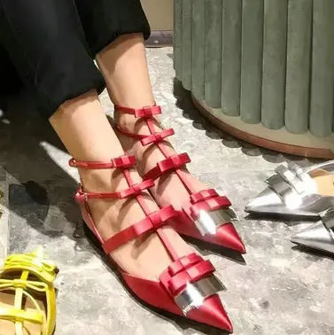 Red Summer tide shoes hollow silk satin flat with bow flat pointed shoes banquet sandals women Sandals - Цвет: Red