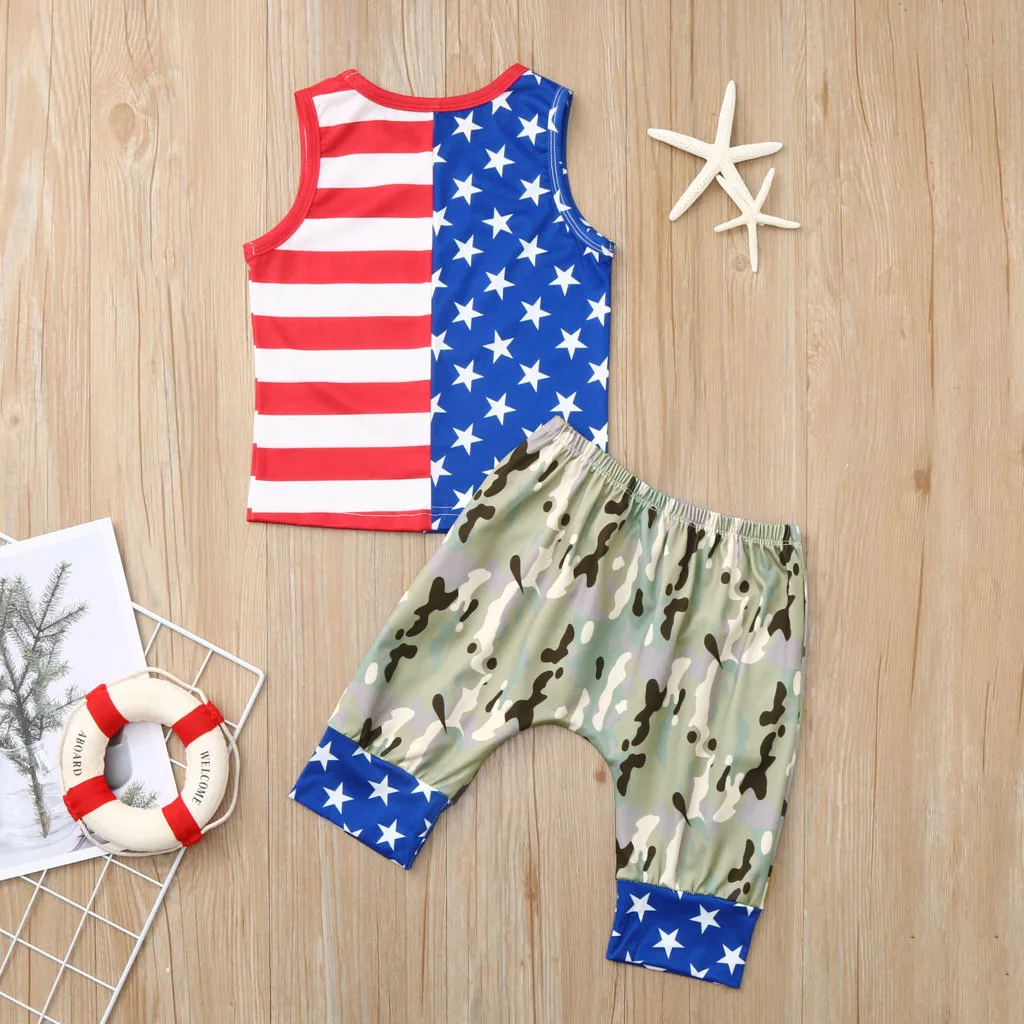 Newborn Toddler Kids Baby Boys Cotton 4th of July Stars Striped Patriotic Tops+Camouflage Shorts Outfits F507 |