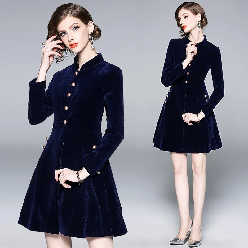 Женское бархатное платье средней длины темно-синее вечерние с длинным рукавом в