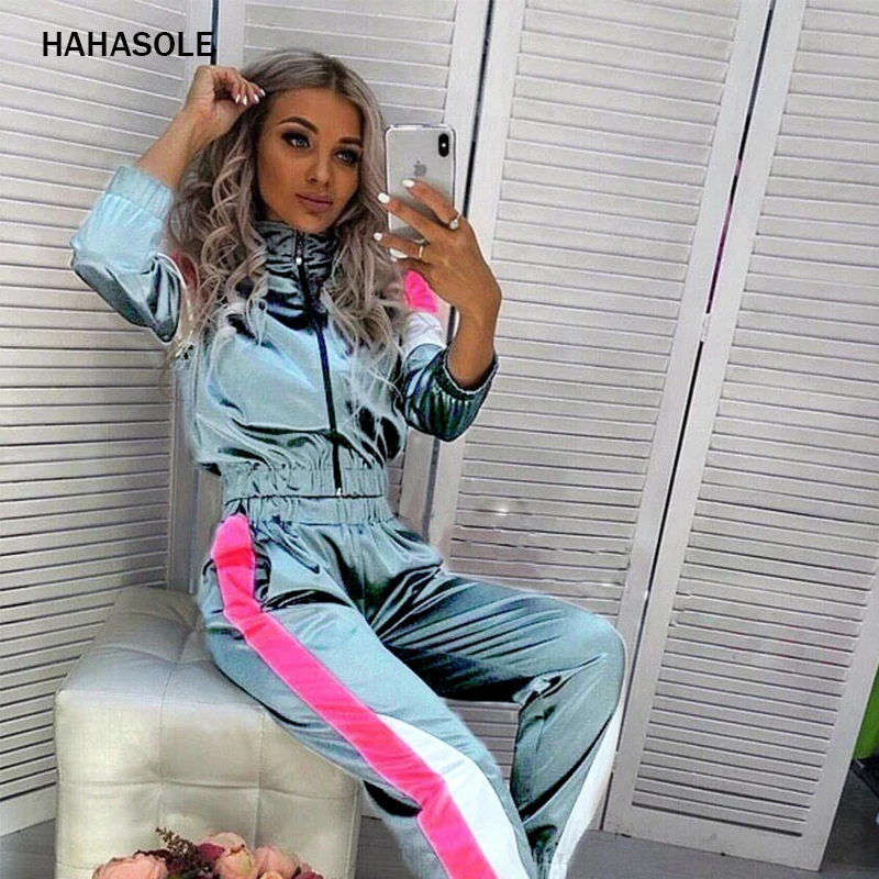 HAHASOLE Sportswear Fashion Splice Women Two Pieces Sport Suit Set Zipper Yoga Set Elastic Drawstring Pants Tracksuits HWA4229-4