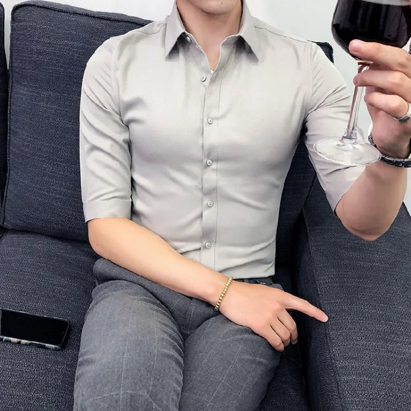 Мужская рубашка облегающая однотонная в английском стиле с коротким рукавом 2019 |