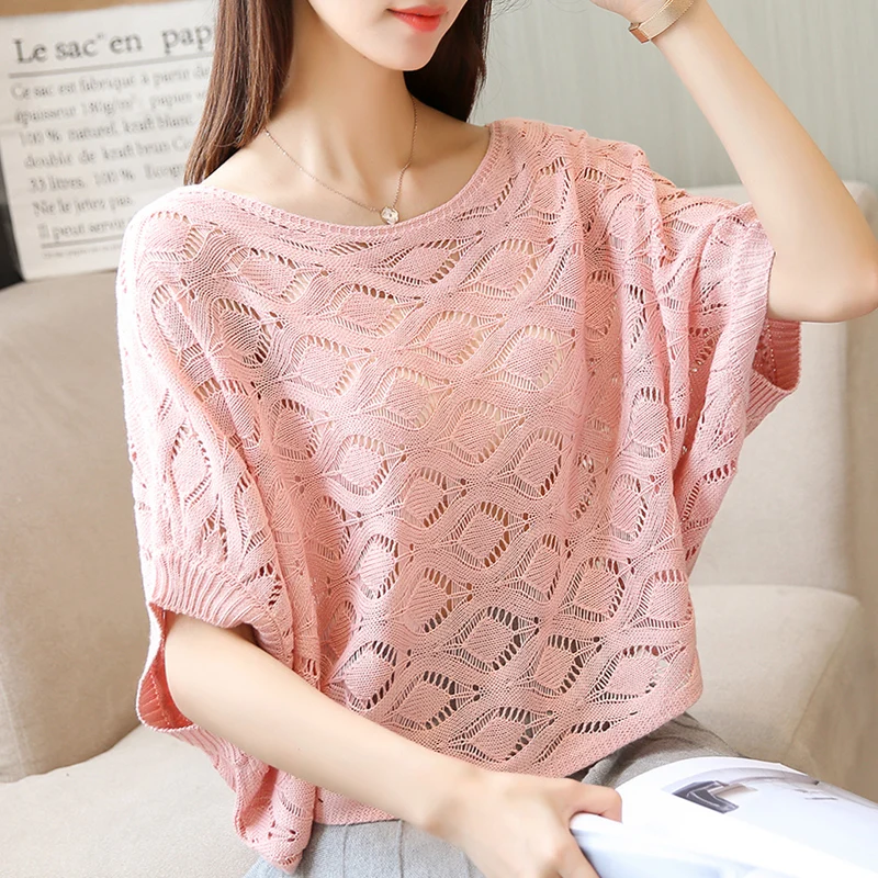 short sleeved women's hollow blouse loose fitting spring summer coat 2018 new bat style college breeze | Женская одежда