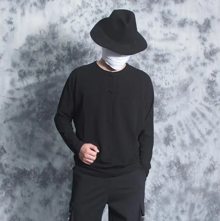 

Round collar man t shirt men vintage tshirt hip hop streetwear Long sleeve t-shirt men t shirts camiseta shirt homme black