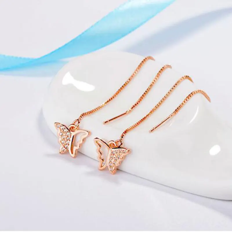 Rose gold Anenjery, 925 пробы, серебро, микро CZ, циркон, Бабочка, длинные серьги с кисточками для женщин, серебро 925, ювелирное изделие, цепочка для уха, S-E286 - Окраска металла: Rose gold