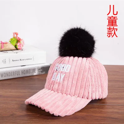 Child pink Новая детская шапка из плотного бархата на осень и зиму, детская теплая шапка с ушками, бейсбольная кепка с помпоном из искусственного кроличьего меха для мальчиков и девочек 2-9 лет - Цвет: Child pink