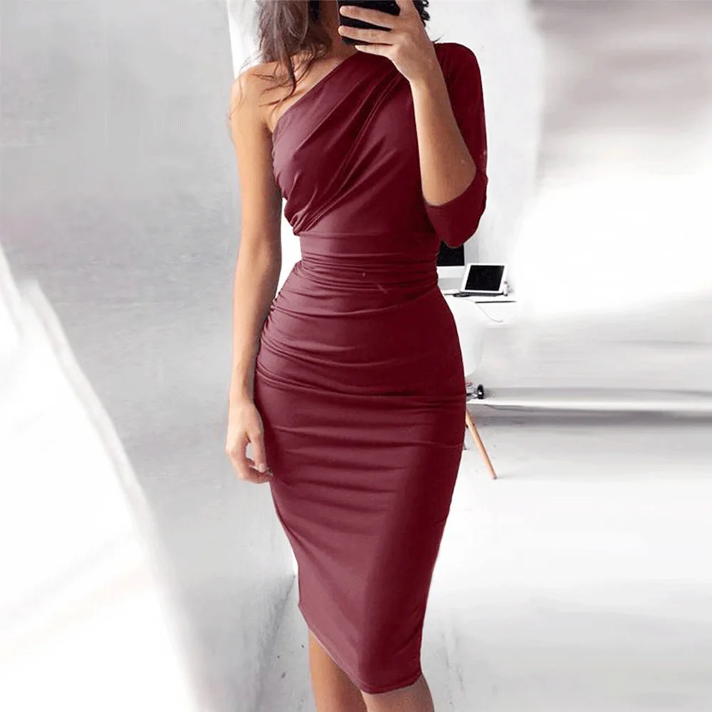На Одно Плечо плюс размеры для женщин пикантные платья для Bodycon Элегантный Половина рукава по колено Вечерние вечернее платье женщи - Цвет: Бургундия