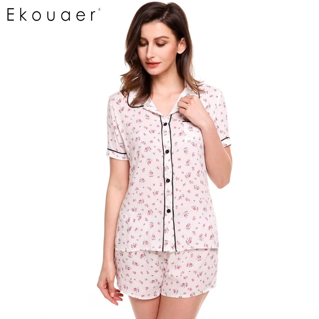 Ekouaer/Пижама с цветами комплект женская повседневная одежда для сна коротким