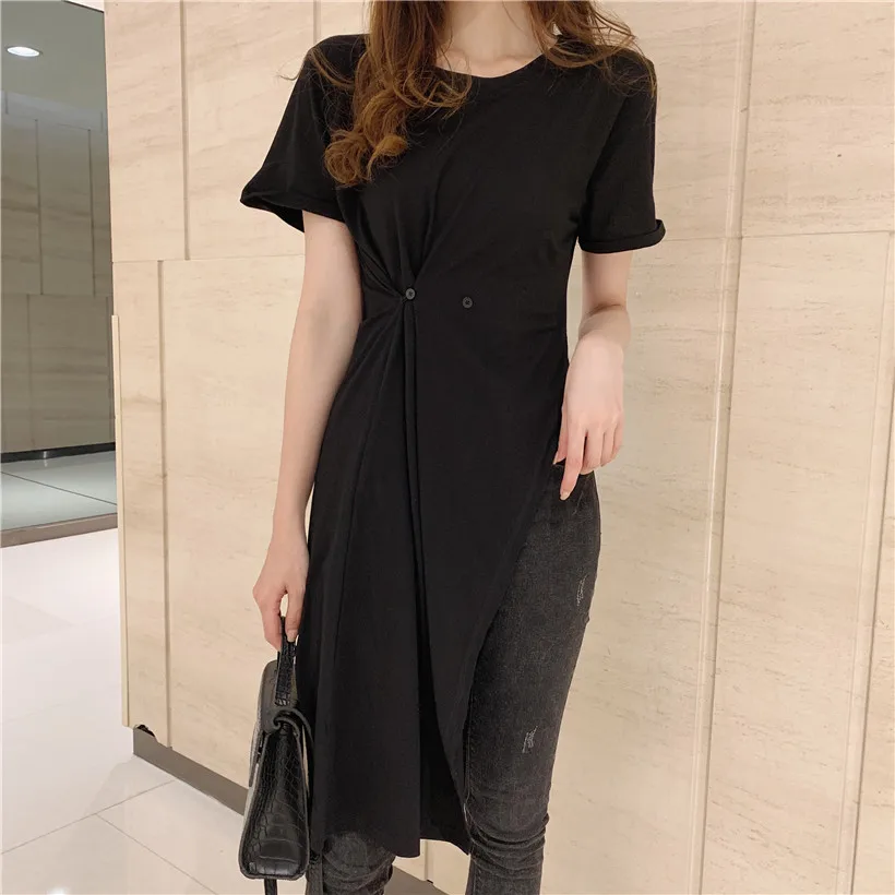 2019 Женская летняя футболка на пуговицах с Боковым Разрезом и круглым вырезом