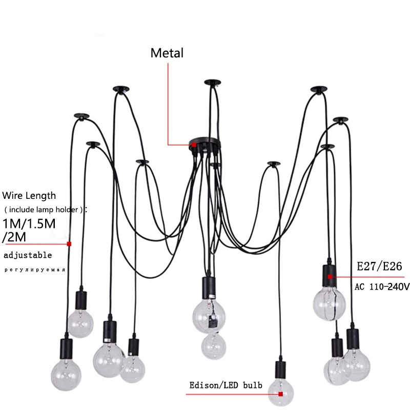 Loft modern Retro большой Spider Люстра Освещение LED DIY 14 Lights Ретро старинные E27 AC 110V 220V черные