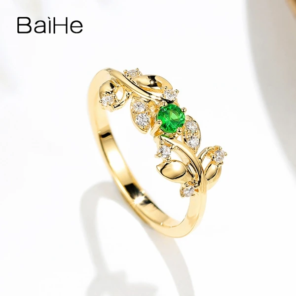 BAIHE Твердые 14 К желтого золота(AU585) 0.12ct натуральная натуральный цаворит и Алмазы обручальные для женщин ювелирные украшения подарок кольцо