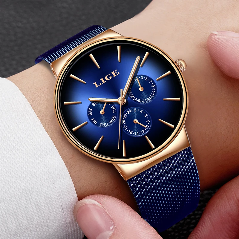 2019 New LIGE Cool Creative Watch For Mens Watches Top Brand Luxury Male Casual Ultra-Thin Mesh Belt Waterproof Quartz Clock+Box | Наручные
