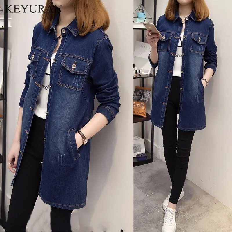 Женская джинсовая куртка Spirng черная облегающая длинная Базовая большого размера