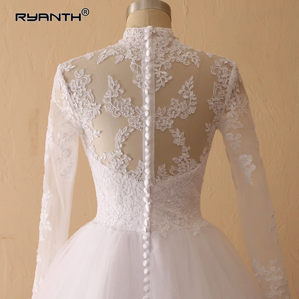 Женское свадебное платье с длинным рукавом бальное невесты высоким воротником