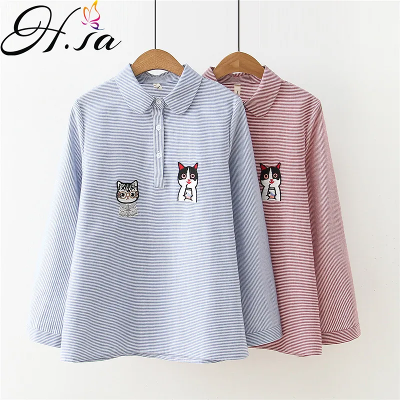 Женская рубашка в полоску H. SA модная блузка с вышивкой топы кошкой блузы длинным
