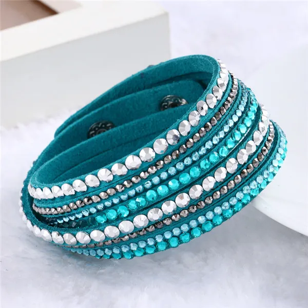 peacock blue Длинные оснастки ювелирные изделия Бархат Мода Кристалл обернутые браслеты замша Slake кожаный браслет со стразами с кнопками пара ювелирных изделий - Окраска металла: peacock blue