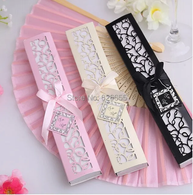 

Free Shipping 150pcs/lot Luxurious Silk Fold hand Fan in Elegant Laser-Cut Gift Box Wedding Party Favors Gifts 15 color