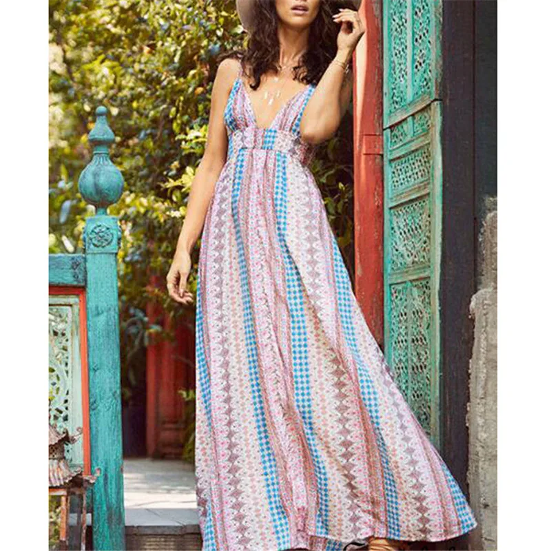 Для женщин элегантные с удлиненной юбкой в стиле бохо полоску цветочным принтом
