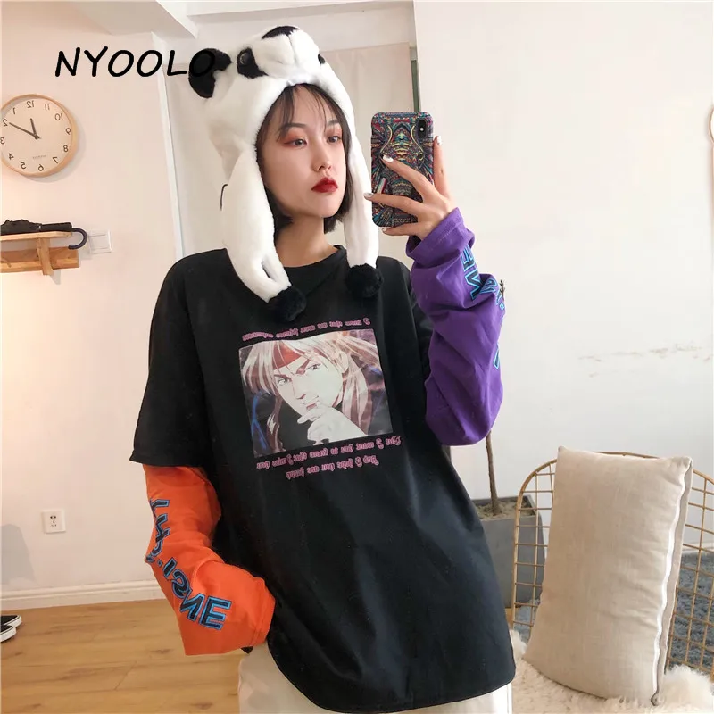 Футболка NYOOLO Harajuku с принтом аниме, 2 штуки, Лоскутная футболка, Повседневная Уличная футболка с длинным рукавом, женская одежда, топы, футболки