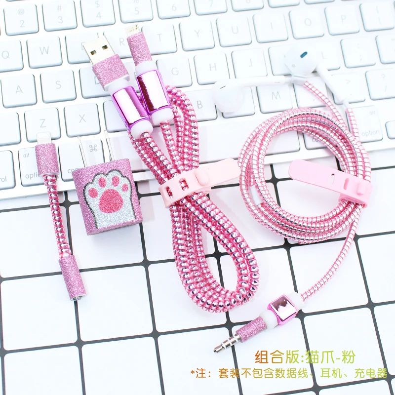 Мультфильм USB Зарядное устройство кабель протектор Diy набор с намотки кабеля зарядные наклейки спиральный usb-шнур с зарядным устройством для iphone 7 5 6 6s 8