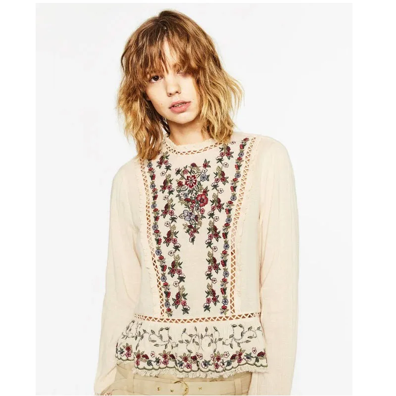 Fashion Spring ZA Style Blouse Women Long Sleeve Floral Embroidery Lace Pacthwork Hollow Out Ruffle Blusas Feminina |