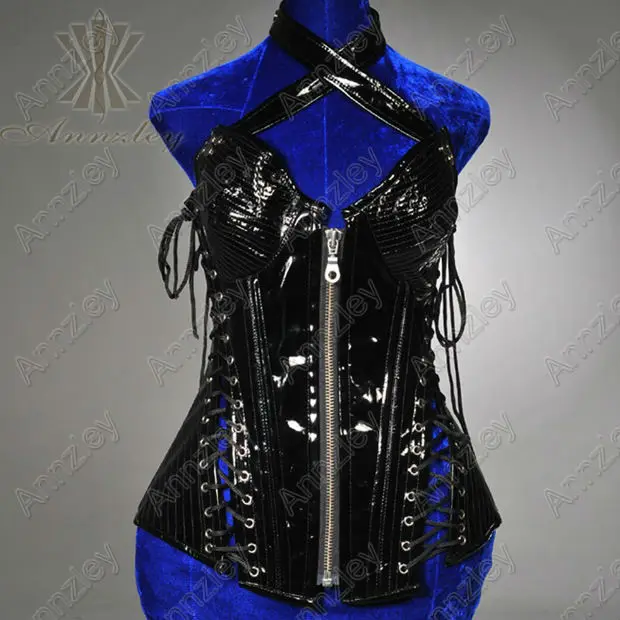 

Black Halter Top Strap Lacing Up Bra Zipper Front Leather Corset Tops For Sale