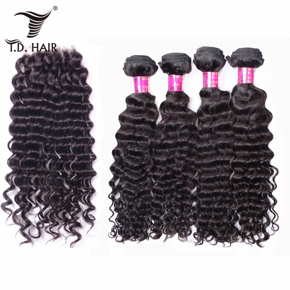 

4*4 Lace Closure with Bundles Malaysia Hair Weave Bundles with Closure tdhair Deep Wave Virgin Human Hair 5PCS