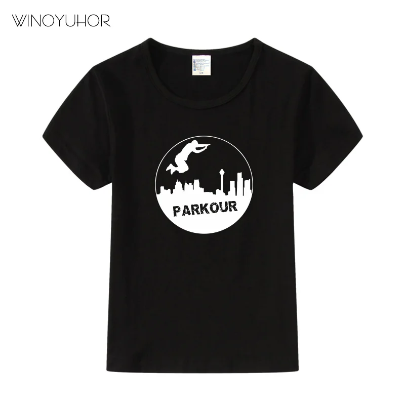 Parkour/крутая футболка с принтом; детские летние модные топы с короткими рукавами; Повседневная футболка для мальчиков и девочек; одежда для детей в стиле хип-хоп - Цвет: Black