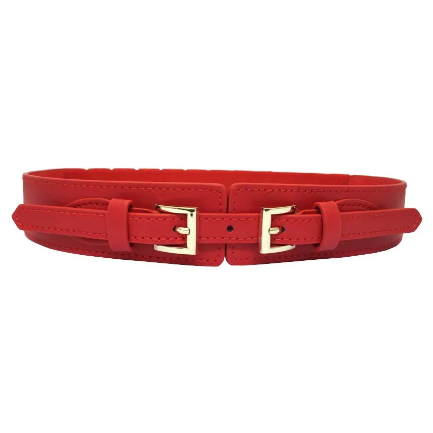 red color Женские ремни из искусственной кожи широкие пояса черные эластичные дизайнерские пояса для женщин модный двойной золотой пряжкой vestidos pasek - Цвет: red color