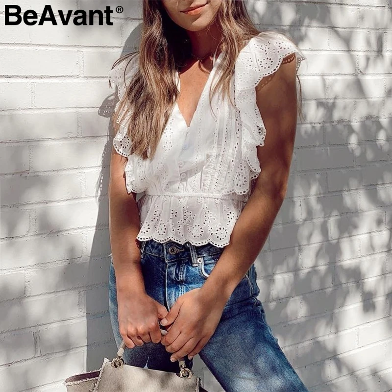 Белый BeAvant элегантная белая блузка с рюшами, женская летняя кружевная хлопковая блузка с v-образным вырезом и вышивкой, рубашка, винтажные женские топы, рубашки, блузы - Цвет: Белый