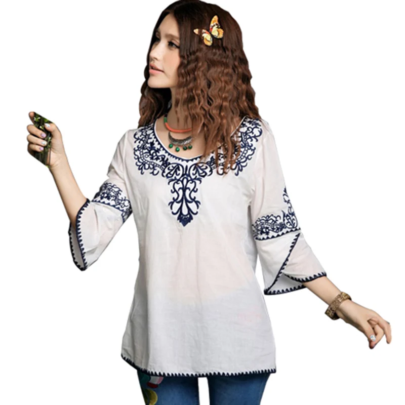 Рубашка с вышивкой в китайском стиле летние топы круглым вырезом и рукавом три