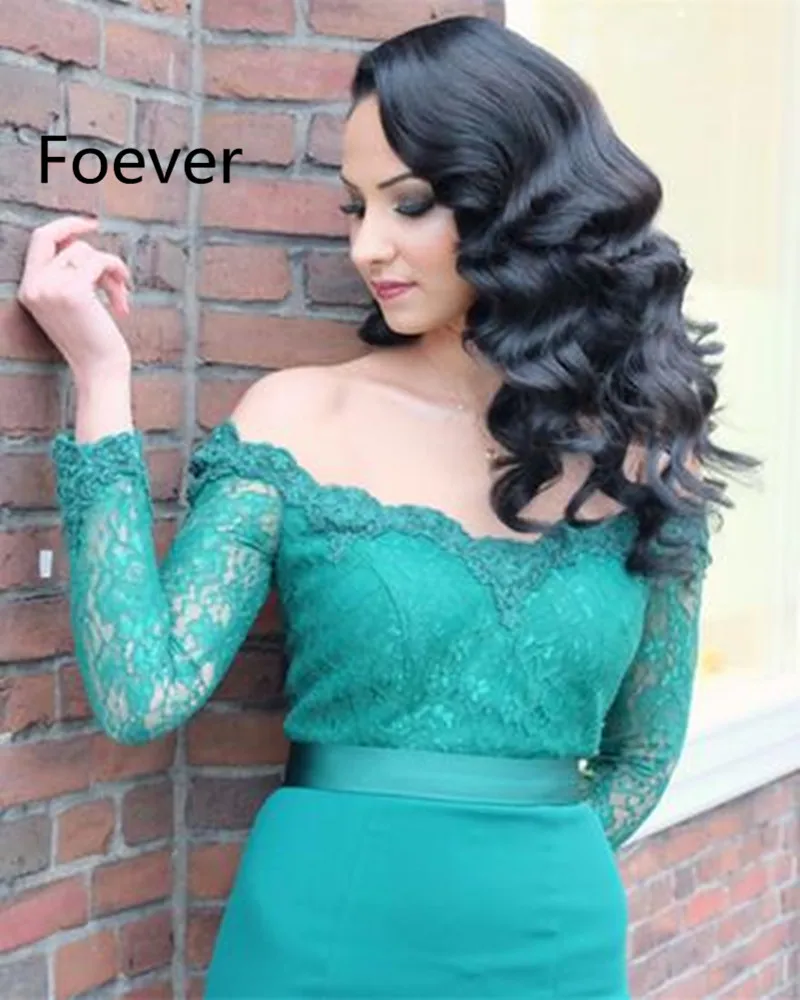 Женское вечернее платье русалка темно зеленое кружевное с длинным рукавом и