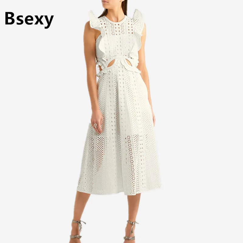 Сексуальный 2017 летний автопортрет белая кружева длинное платье ажурный