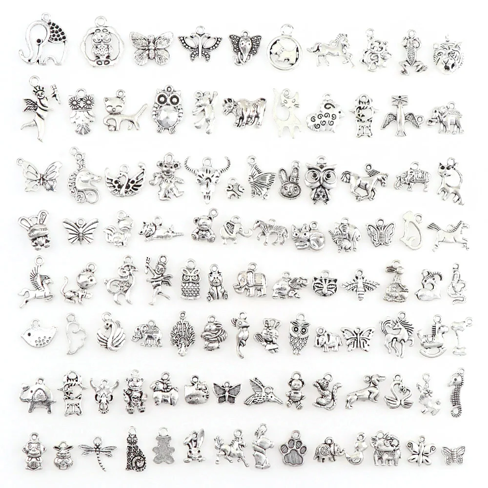 

100pcs/lot Mixed Antique Silver Color Vintage Animal Series Set Bracelets Charm Pendants Fashion Jewelry Making Findings