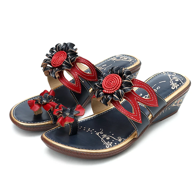 Socofy Flip Flops Slippers Women Shoes Genuine Leather Vintage Flower Ladies Shoes Summer Casual Slippers Beach Flat Slides New - Цвет: Черный