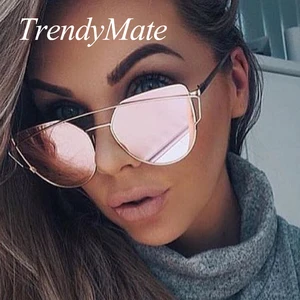 Cat Eye Sunglasses Women Brand Designer Fashion Twin-Beams Rose Gold Mirror Cateye Sun Glasses for Female UV400 195