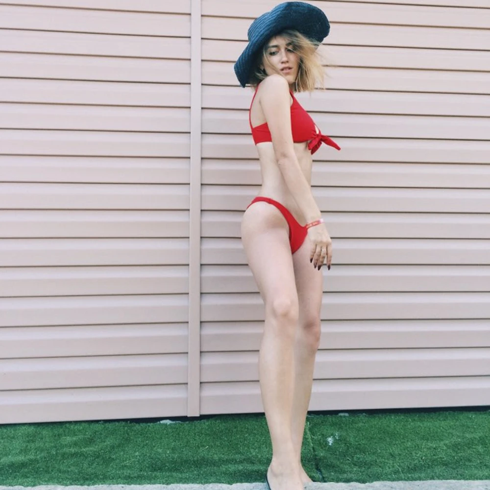 Женский купальник с узелком LANGSTAR однотонное Бразильское бикини со средней