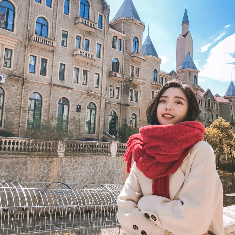 New arrival fashion temperament high quality knit comfortable warm thick scarf women tassel big outdoor windproof sweet shawl |