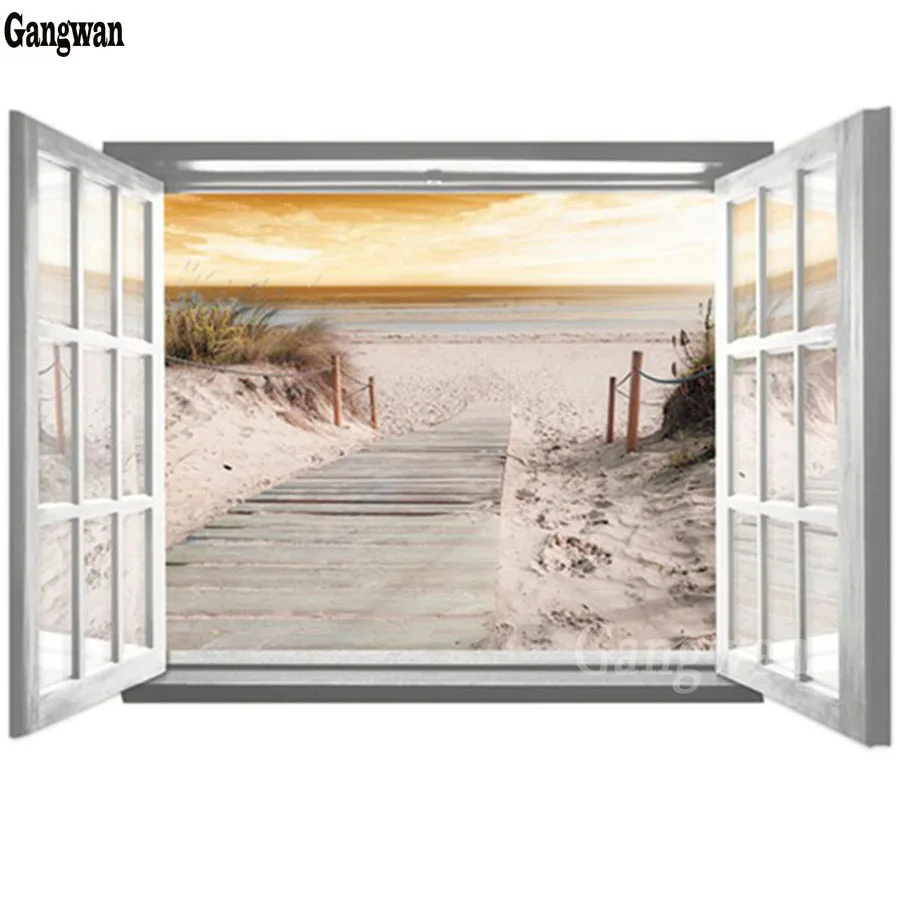 5D мозаика алмазная живопись пейзаж морской пляж окно на улице 3d Стразы вышивка