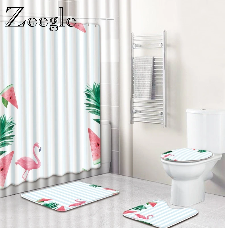 Фламинго узор Ванная комната коврик для ванной и душа Шторы 4 шт. Туалет ковер