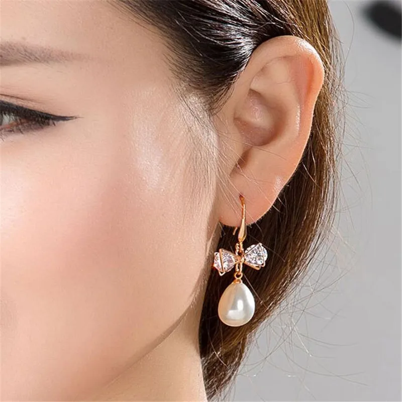 1 пара/лот модные висячие серьги из розового золота с кристаллами и бантом