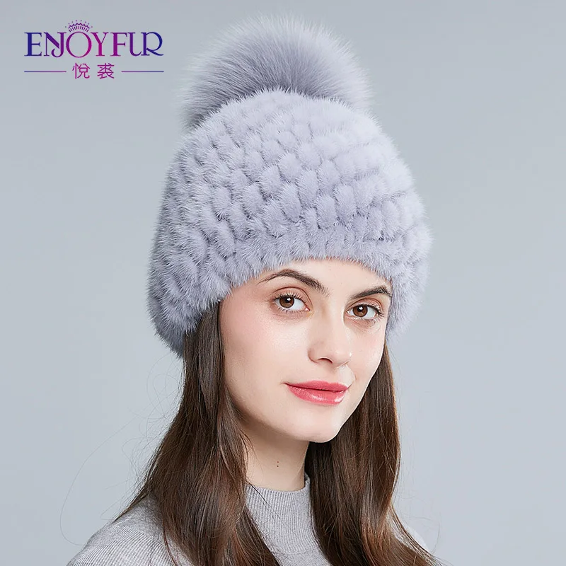 ENJOYFUR горячая Распродажа меховая шапка из натуральной норки для женщин, зимняя вязаная шапка из меха норки с помпонами из меха лисы, новая Толстая Женская шапка - Цвет: 06