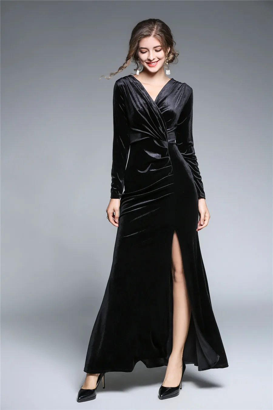 Robe Longue Femme Soiree женское платье, зимнее женское винтажное бархатное платье с длинным рукавом зеленого и красного цвета, Сексуальные вечерние платья макси